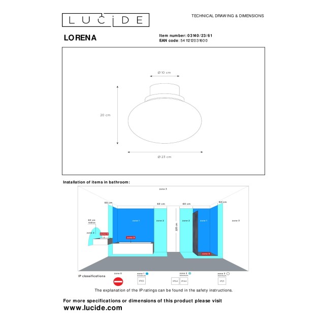 Lucide LORENA - Flush ceiling light Bathroom - Ø 23 cm - 1xE27 - IP44 - Opal