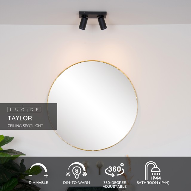 Lucide TAYLOR - Ceiling spotlight Bathroom - LED Dim to warm - GU10 - 2x5W 2200K/3000K - IP44 - Black