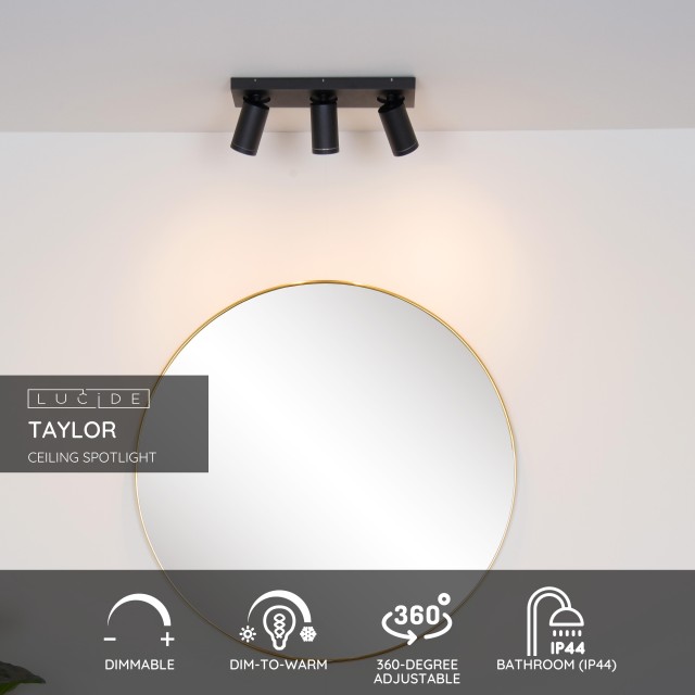 Lucide TAYLOR - Ceiling spotlight Bathroom - LED Dim to warm - GU10 - 3x5W 2200K/3000K - IP44 - Black