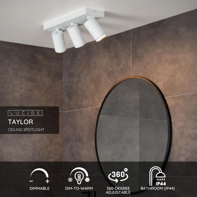 Lucide TAYLOR - Ceiling spotlight Bathroom - LED Dim to warm - GU10 - 3x5W 2200K/3000K - IP44 - White