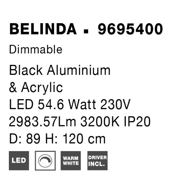 Black Aluminium & Acrylic LED 52 Watt 230V 2983.57Lm 3200K IP20 D: 89 H: 120 cm 9695400