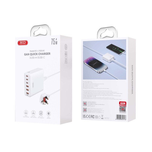 Φoρτιστής XO L133 GaN με 3 Θύρες USB-A και 3 Θύρες USB-C 75W σε Λευκό χρώμα 