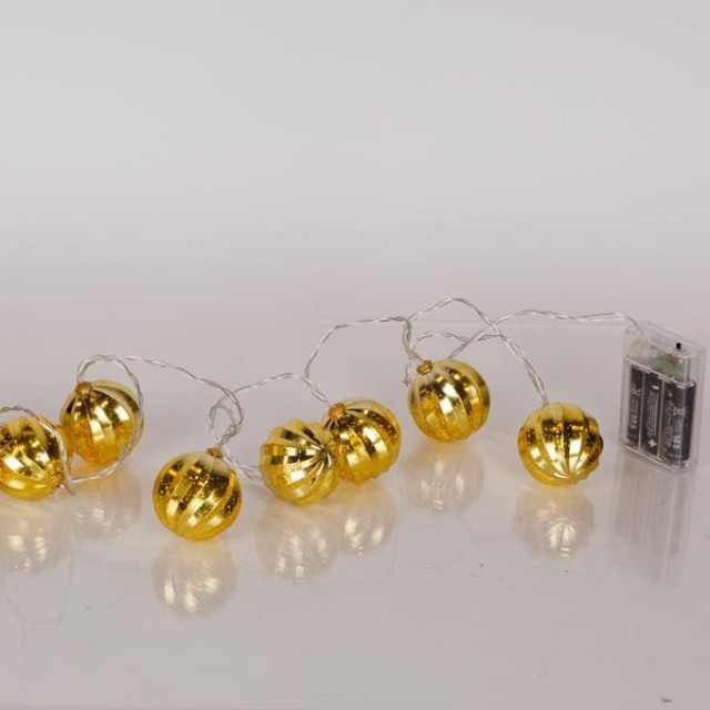 ΣΕΙΡΑ, 10 LED 5mm, ΧΡΥΣΗ ΜΠΑΛΑ ΠΛΑΣΤΙΚΗ, ΜΠΑΤΑΡΙΑΣ 3xAA, ΧΡΟΝΟΔΙΑΚΟΠΤΗ, ΔΙΑΦΑΝΟ PVC ΚΑΛΩΔΙΟ, ΘΕΡΜΟ ΛΕΥΚΟ LED ΑΝΑ 15cm, ΠΡΟΕΚΤΑΣΗ ΠΑΡΟΧΗΣ 30cm, IP20