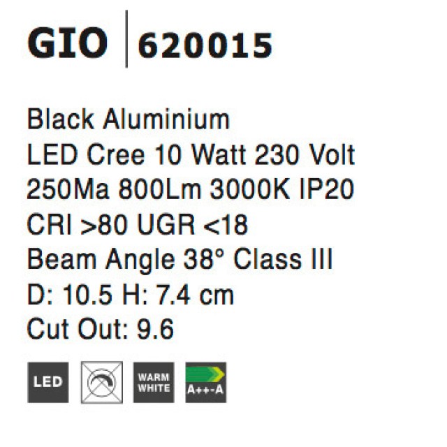 Black Aluminium 10W Cree D:10.5 H:7.4 800Lm 3000K IP20