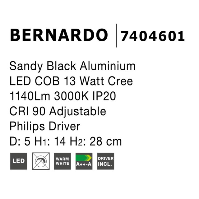 Sandy Black Aluminium LED COB 13 Watt Cree 1140Lm 3000K IP20 CRI 90 Adjustable Philips Driver D: 5 H1: 14 H2: 28 cm