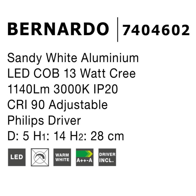 Sandy White Aluminium LED COB 13 Watt Cree 1140Lm 3000K IP20 CRI 90 Adjustable Philips Driver D: 5 H1: 14 H2: 28 cm