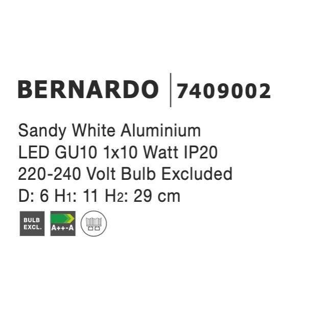 Sandy White Aluminium LED GU10 1x10 Watt IP20 220-240 Volt Bulb Excluded D: 6 H1: 11 H2: 29 cm