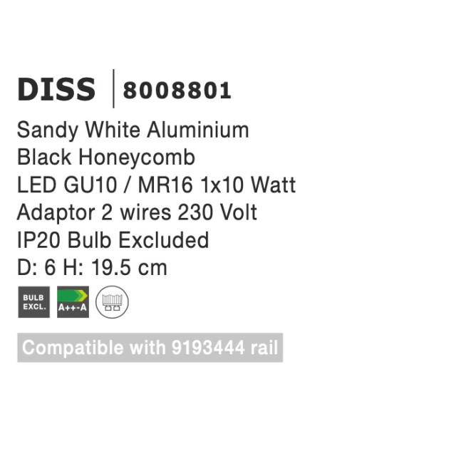 Sandy White Aluminium Black Honeycomb LED GU10 / MR16 1x10 Watt Adaptor 2 wires 230 Volt IP20 Bulb Excluded D: 6 H: 19.5 cm