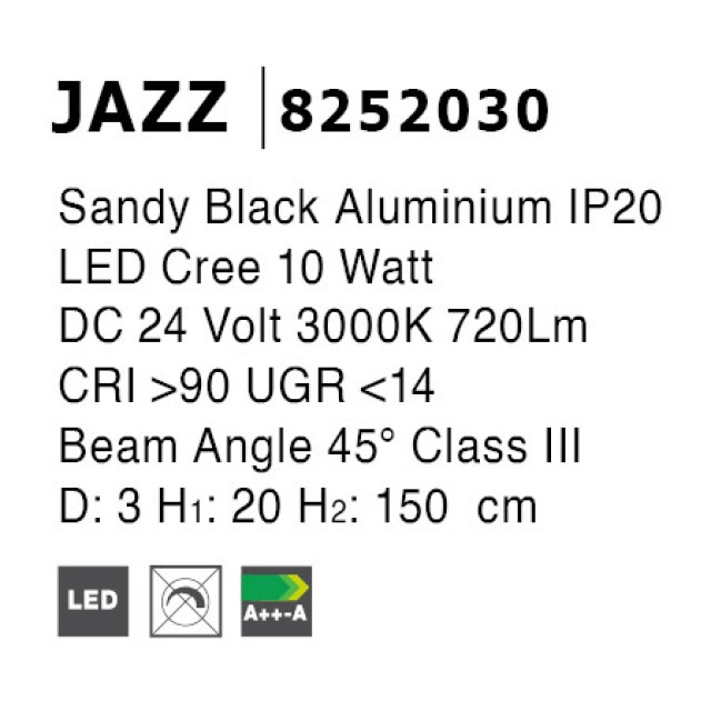 Sandy Black Aluminium 10W DC24V Cree D:3 H1:20 H2:150 720Lm 3000K IP20