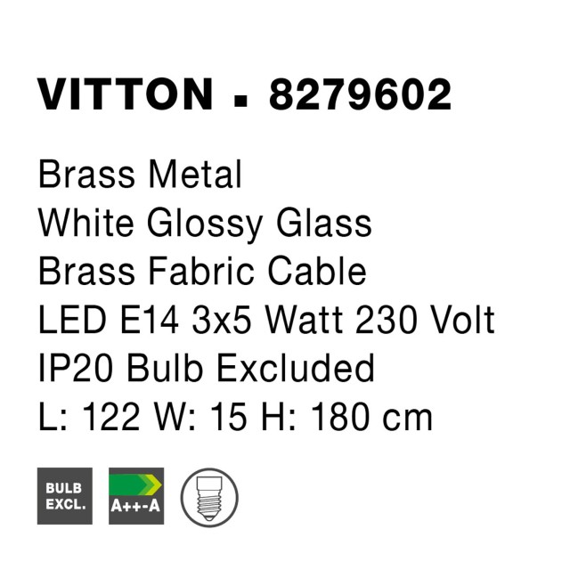 Brass Metal White Glossy Glass Brass Fabric Cable LED E14 3x40 Watt IP20 Bulb Excluded L:180 H:120cm 8279602