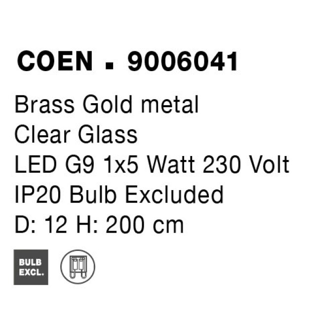 Brass Gold Metal Clear Glass LED G9 1x5 Watt 230 Volt IP20 Bulb Excluded D: 12 H: 200 cm 9006041