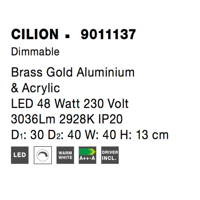 Brass Gold Aluminium & Acrylic LED 48 Watt 230 Volt 3036Lm 2928K IP20 D1: 30 D2: 40 W: 40 H: 13 cm 9011137