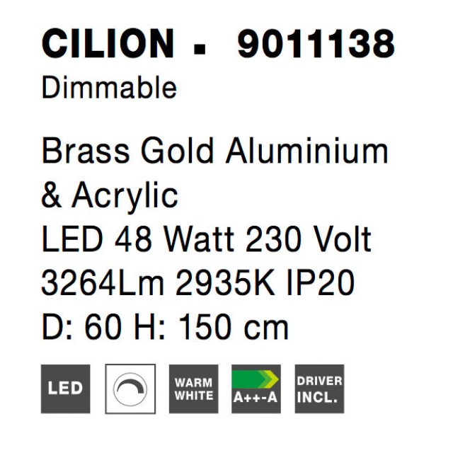 Brass Gold Aluminium & Acrylic LED 48 Watt 230 Volt 3264Lm 2935K IP20 D: 60 H: 150 cm 9011138