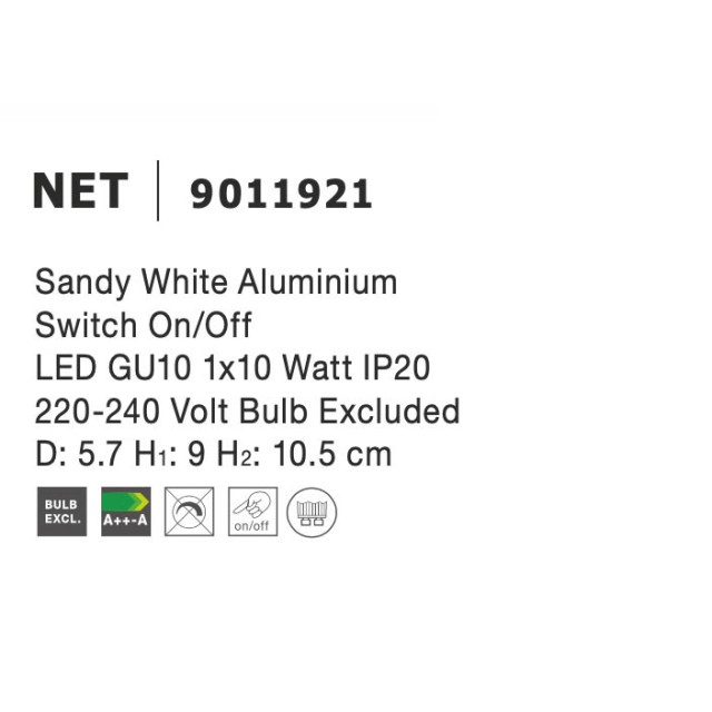 Sandy White Aluminium Switch On/Off LED GU10 1x10 Watt IP20 220-240 Volt Bulb Excluded D: 5.7 H1: 9 H2: 10.5 cm 9011921