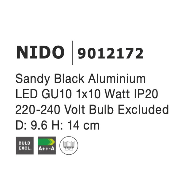 Sandy Black Aluminium LED GU10 1x10 Watt IP20 220-240 Volt Bulb Excluded D: 9.6 H: 14 cm