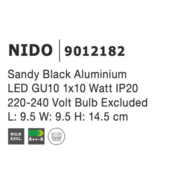 Sandy Black Aluminium LED GU10 1x10 Watt IP20 220-240 Volt Bulb Excluded L: 9.5 W: 9.5 H: 14.5 cm