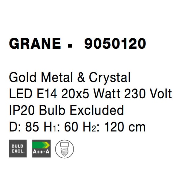 Gold Metal & Crystal LED LED E14 20x5 Watt 230 Volt IP20 Bulb Excluded D: 85 H1: 60 H2: 120 cm 9050120