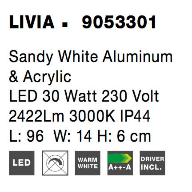 Sandy White Aluminum & Acrylic LED 30 Watt 230 Volt 2422Lm 3000 IP44 L: 96 W: 14 H: 6 cm 9053301