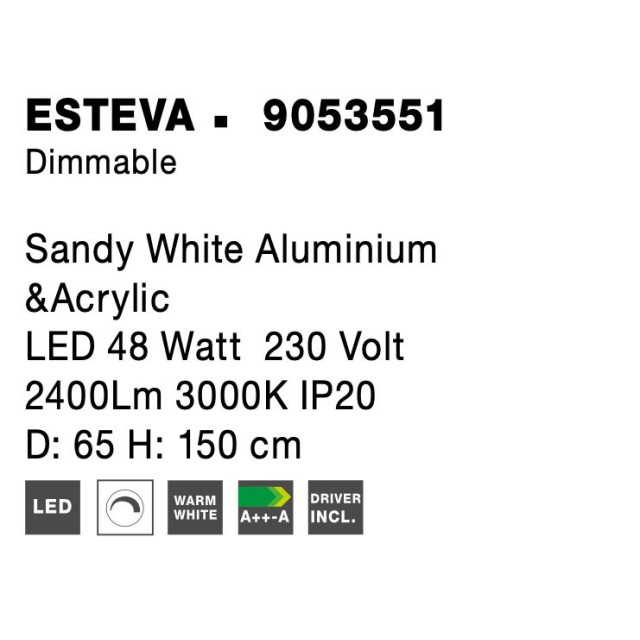 Dimmable Sandy White Aluminium &Acrylic LED 48 Watt 230 Volt 2400Lm 3000 IP20 D: 65 H: 150 cm 9053551