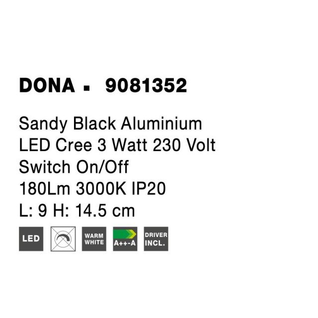 Sandy Black Aluminium LED Cree 3 Watt 230 Volt Switch On/Off 180Lm 3000 IP20 L: 14.5 W: 9 H: 6 cm 9081352