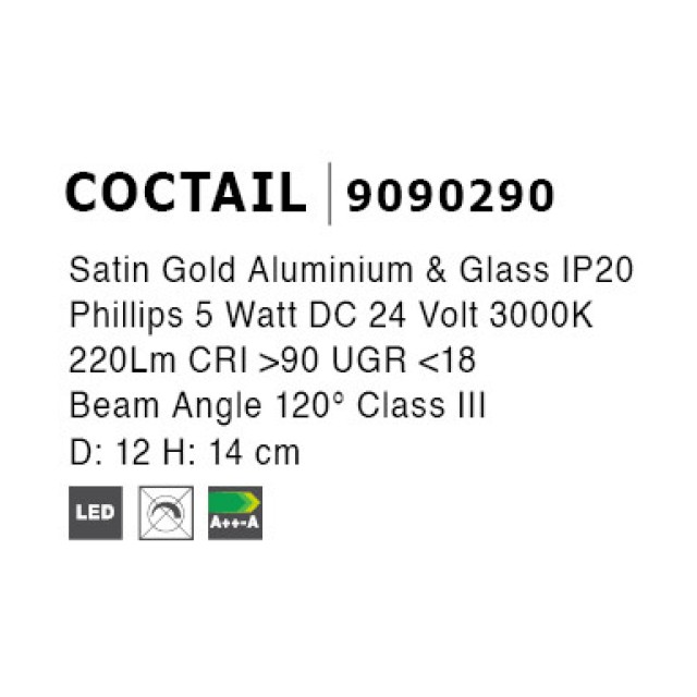 Satin Gold Alum+Glass 5W DC24V Philips D: 12 H: 14 220Lm 3000K IP20