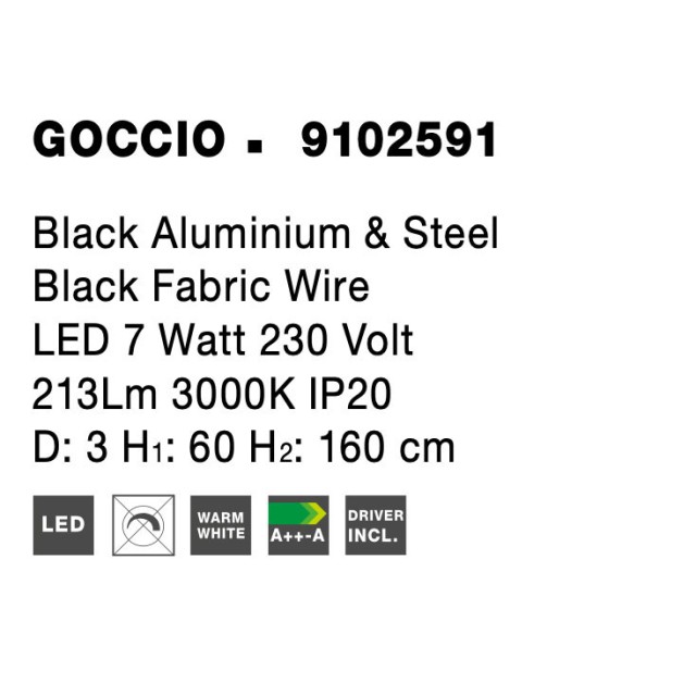 Black Aluminium & Steel Black Fabric Wire LED 7 Watt 230 Volt 213Lm 3000 IP20 D: 3 H1: 60 H2: 160 cm 9102591