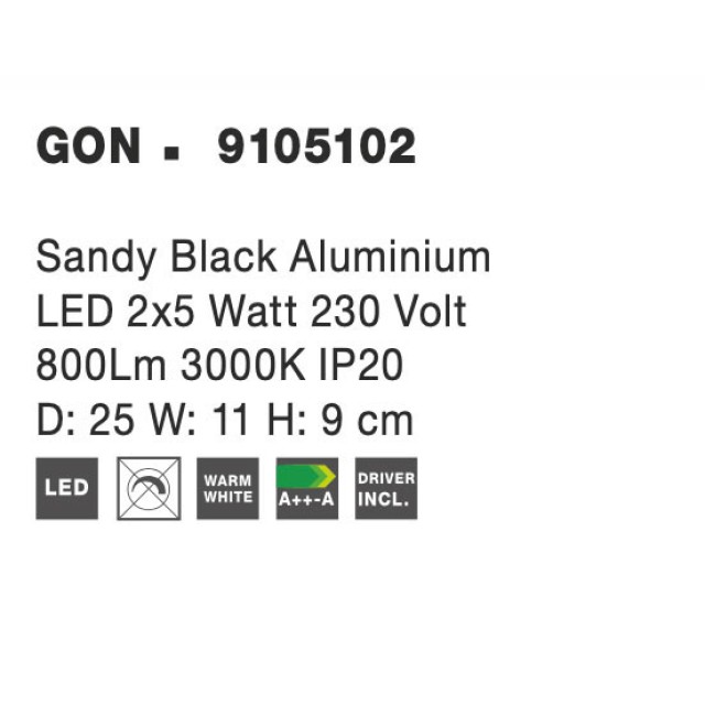 Sandy Black Aluminium LED 2x5 Watt 230 Volt 800Lm 3000 IP20 L: 25 W: 11 H: 9 cm 9105102