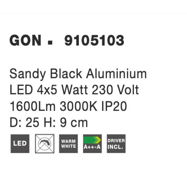 Sandy Black Aluminium LED 4x5 Watt 230 Volt 1600Lm 3000 IP20 L: 25 W: 25 H: 9 cm 9105103