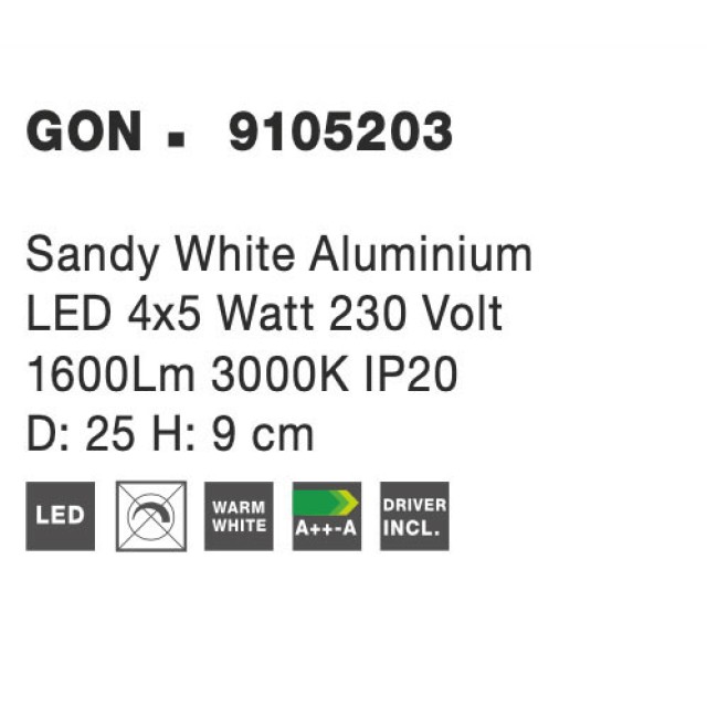 Sandy White Aluminium LED 4x5 Watt 230 Volt 1600Lm 3000 IP20 L: 25 W: 25 H: 9 cm  9105203