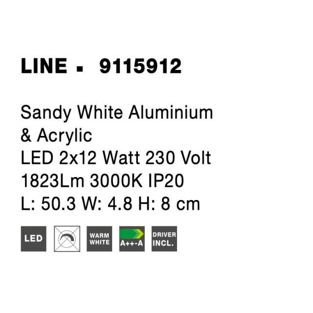 Sandy White Aluminium & Acrylic LED 2x12 Watt 230 Volt 1823Lm 3000 IP20 L: 50.3 W: 8 H: 4.7 cm 9115912