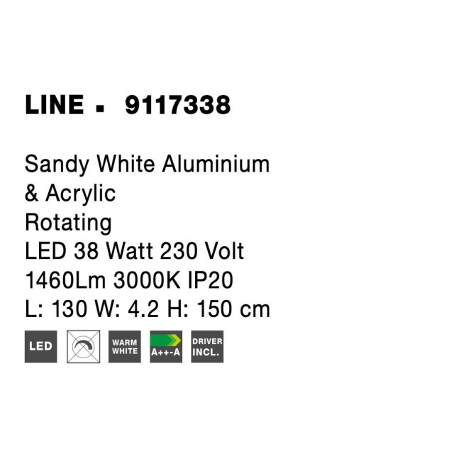 Sandy White Aluminium & Acrylic Rotating LED 38 Watt 230 Volt 1460Lm 3000 IP20 L: 130 W: 4.2 H: 150 cm 9117338
