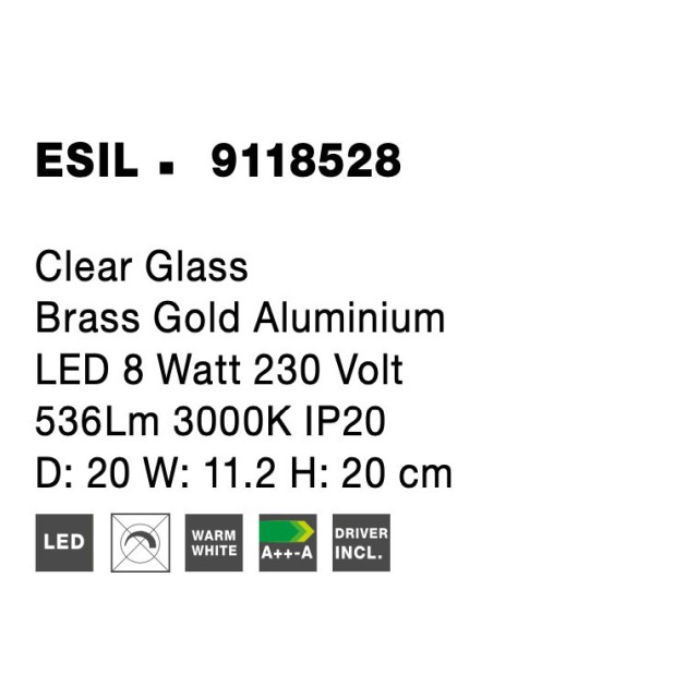 Απλίκα Ορειχάλκινη με Διάφανο Γυαλί LED 8W 9118528 Nova Luce