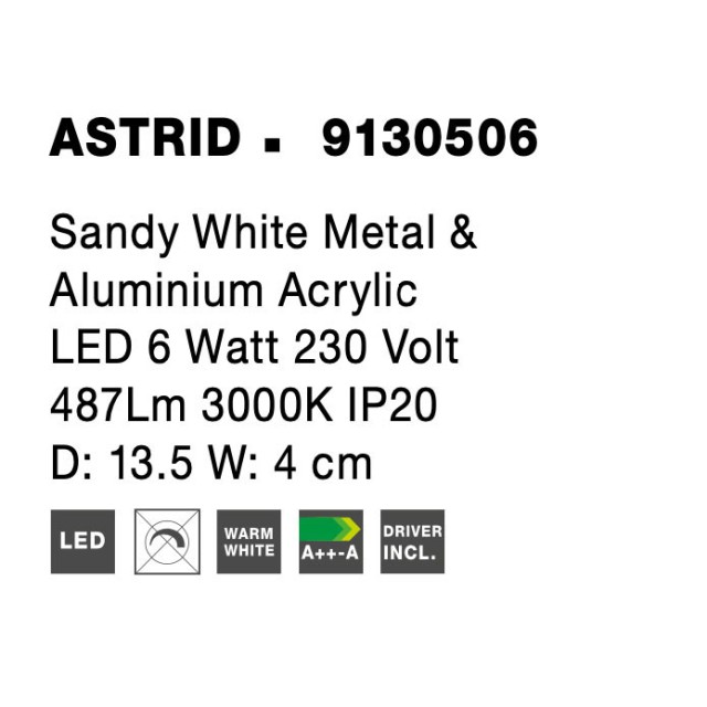 Sandy White Metal & Aluminium Acrylic LED 6 Watt 220-240 Volt 487Lm 3000 IP20 D: 13.5 W: 4 cm 9130506