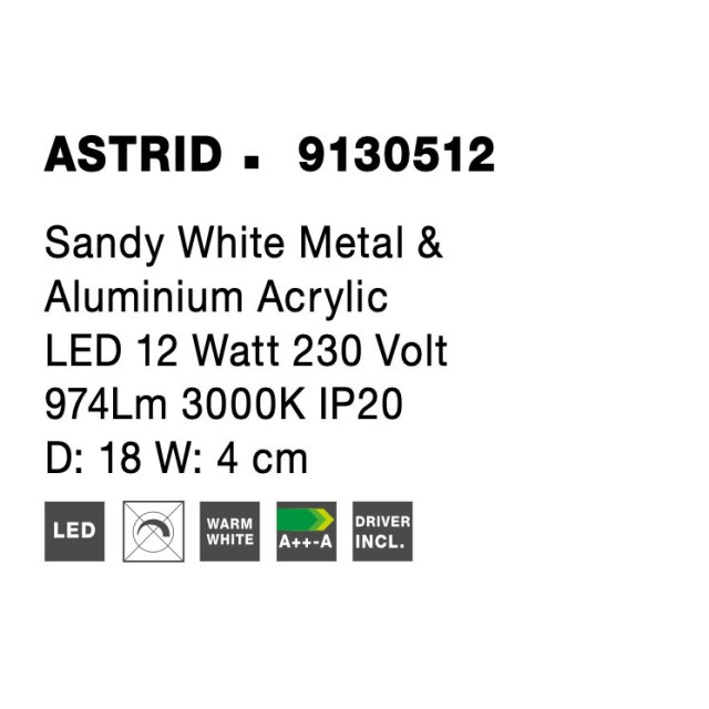 Sandy White Metal & Aluminium Acrylic LED 12 Watt 220-240 Volt 1264Lm 3000 IP20 D: 18 W: 4 cm 9130512