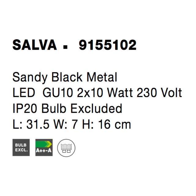 Sandy Black Metal LED GU10 2x10 Watt 230 Volt IP20 Bulb Excluded L: 31.5 W: 7 H: 16 cm 9155102