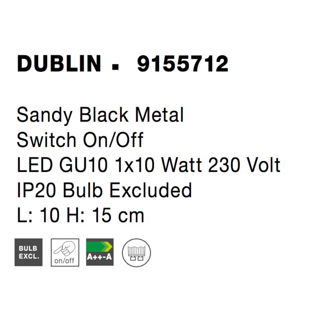 Sandy Black Metal Switch On/Off LED GU10 1x10 Watt 230 Volt IP20 Bulb Excluded L: 10 H: 15 cm 9155712