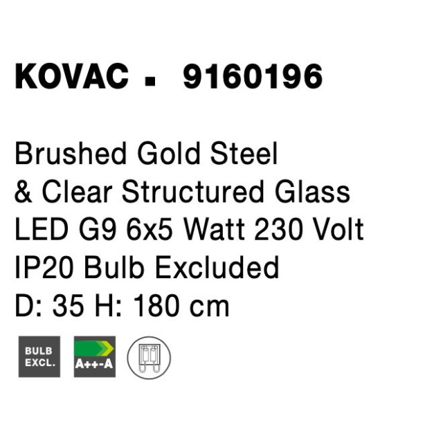 Brushed Gold Steel & Clear Structured Glass LED G9 6x5 Watt 230 Volt IP20 Bulb Excluded D: 35 H: 180 cm 9160196