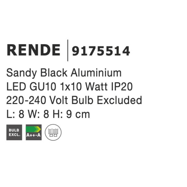 Sandy Black Aluminium LED GU10 1x10 Watt IP20 220-240 Volt Bulb Excluded L: 8 W: 8 H: 9 cm