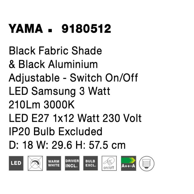 Black Fabrirc Shade & Black Aluminium AdjusTable - Switch On/Off LED Samsung 3 Watt 210Lm 3000 LED LED E27 1x12 Watt 230Volt IP20 Bulb Excluded L: 18 W: 29.6 H: 57.5 cm 9180512