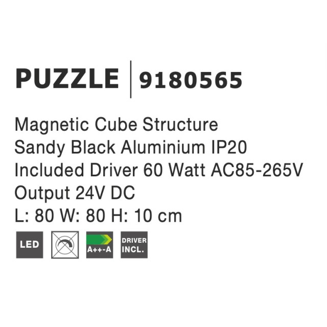 Magnetic Cube Structure Sandy Black Aluminium IP20 Driver 60 Watt AC85-265V L: 80 W: 80 H: 10 cm