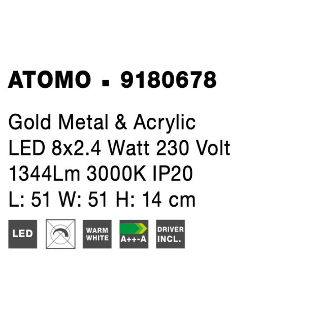 Gold Metal & Acrylic LED 8x2.4 Watt 230 Volt 1344Lm 3000 IP20 L: 51 W: 51 H: 14 cm 9180678