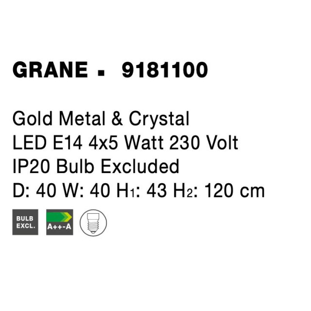 Gold Metal & Crystal LED LED E14 4x5 Watt 230 Volt IP20 Bulb Excluded D: 40 W: 40 H1: 43 H2: 120 cm 9181100