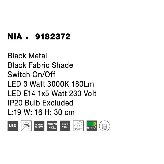 Black Metal Black Fabric Shade Switch On/Off LED 3 Watt 3000 180Lm LED LED E14 1x5 Watt 230 Volt IP20 Bulb Excluded L:19 W: 16 H: 30 cm 9182372
