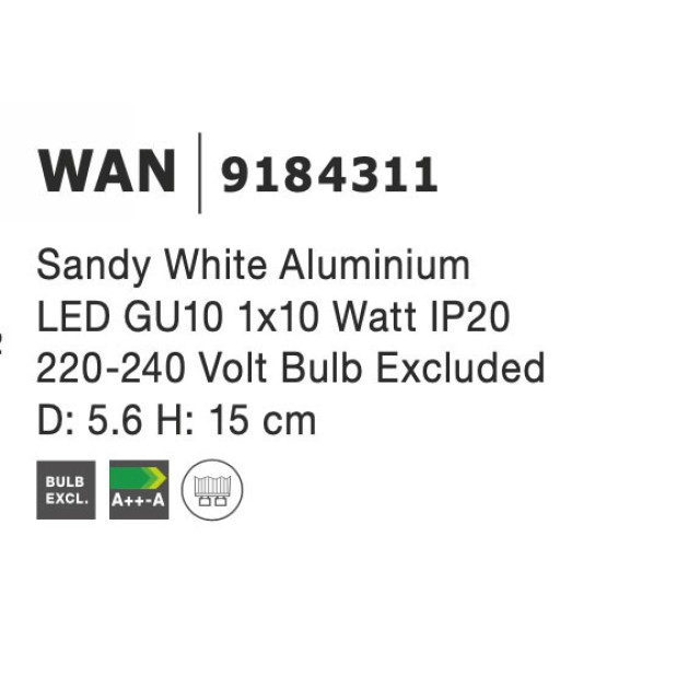 Sandy White Aluminium LED GU10 1x10 Watt IP20 220-240 Volt Bulb Excluded D: 5.6 H: 15 cm 9184311