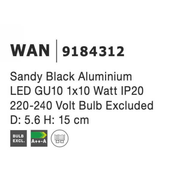 Sandy Black Aluminium LED GU10 1x10 Watt IP20 220-240 Volt Bulb Excluded D: 5.6 H: 15 cm 9184312