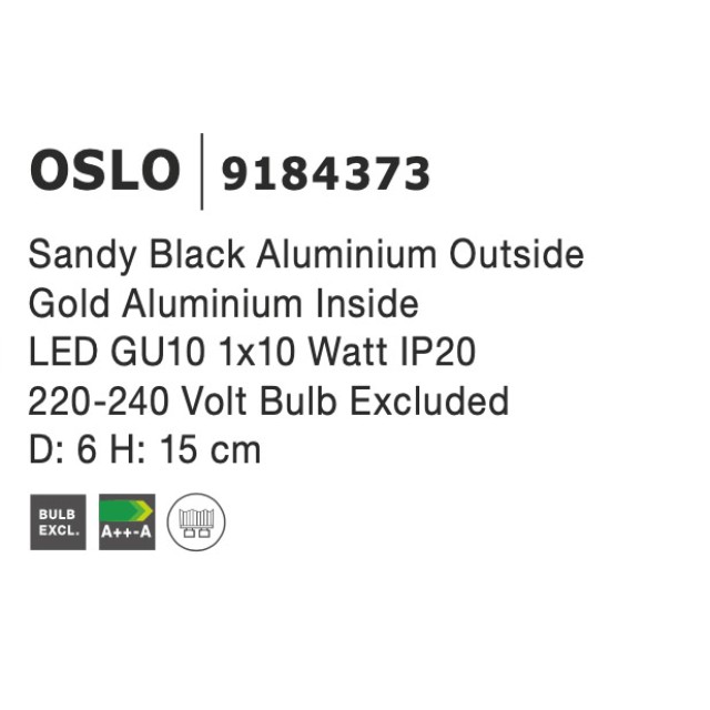 Sandy Black Aluminium Outside Gold Aluminium Inside LED GU10 1x10 Watt IP20 220-240 Volt Bulb Excluded D: 6 H: 15 cm