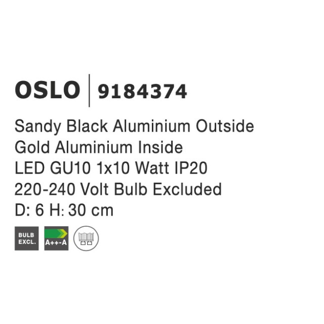 Sandy Black Aluminium Outside Gold Aluminium Inside LED GU10 1x10 Watt IP20 220-240 Volt Bulb Excluded D: 6 H: 30 cm