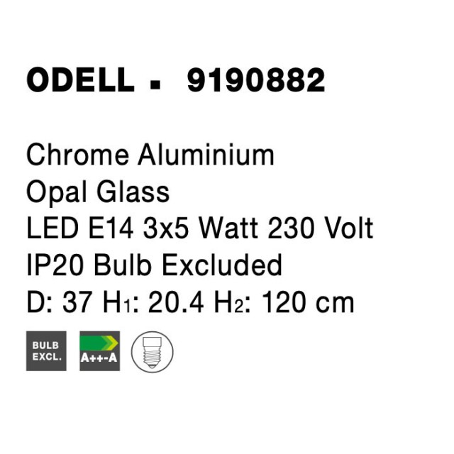 Chrome Aluminium Opal Glass LED LED E14 3x5 Watt 230 Volt IP20 Bulb Excluded D: 37 H1: 20.4 H2: 120 cm 9190882