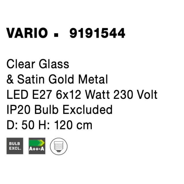 Clear Glass& Satin Gold Metal LED LED E27 6x12 Watt 230 Volt IP20 Bulb Excluded D: 50 H: 120 cm 9191544