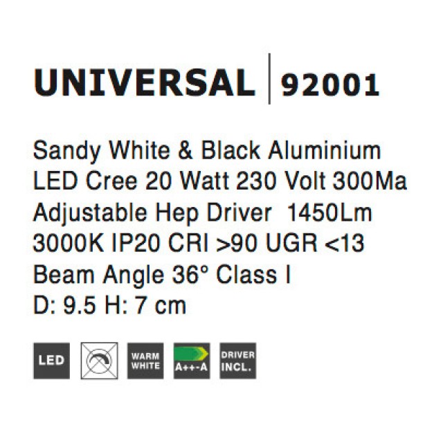 Sandy White & Black Aluminium  20W 230V Cree D:9.5 H:7 1450Lm  3000K IP20